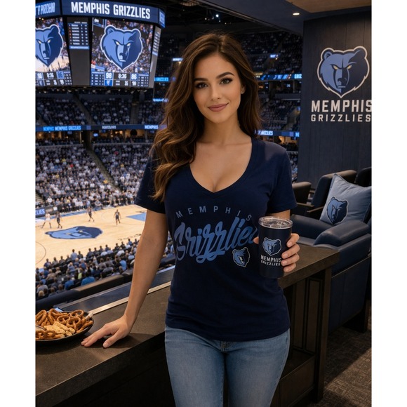 NBA Fan Gear Tops - Memphis Grizzlies NBA Womens V-Neck T-Shirt Navy Blue Graphic Fan Gear Tee